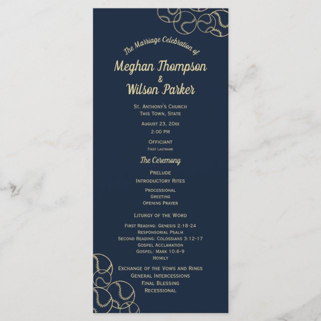 Gold and Navy Blue Baseball Wedding Program (Front)