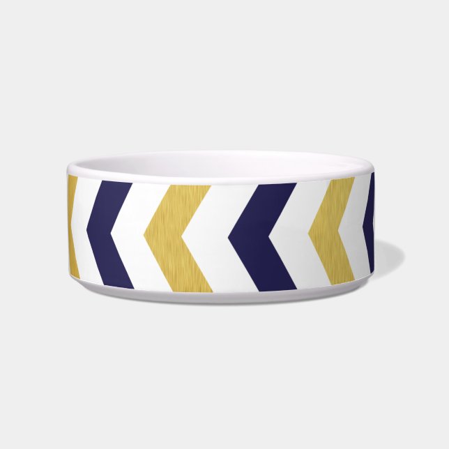 Gold and Navy Blue Chevron Small Dog Bowl (Front)