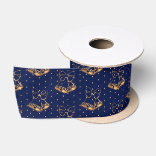 Gold and Navy Blue Christmas Bells Satin Ribbon
