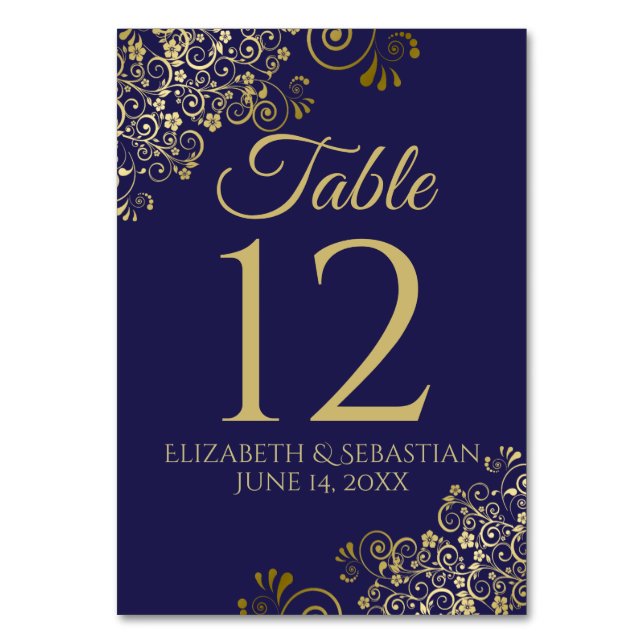 Gold and navy Blue Elegant Filigree Wedding Table Number (Front)