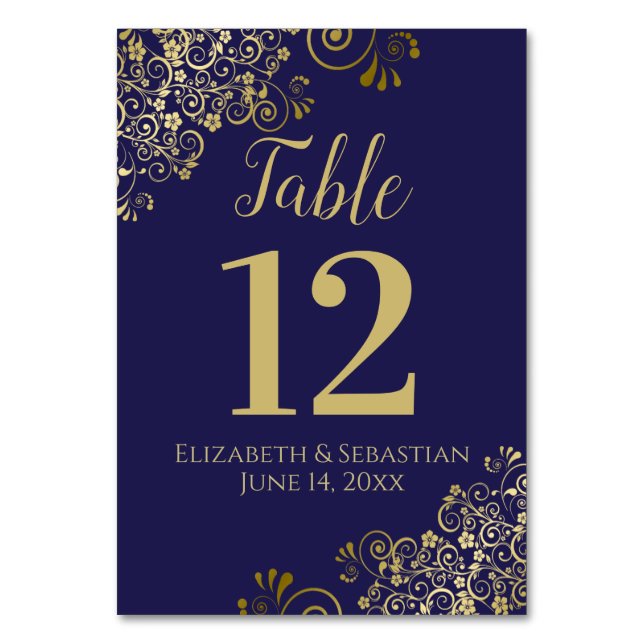 Gold and Navy Blue Elegant Frilly Wedding Table Number (Front)