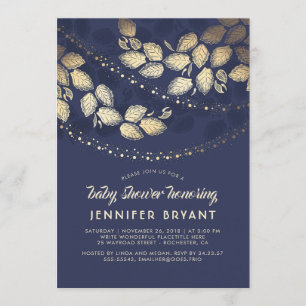 Gold and Navy Blue Elegant Tree Lights Baby Shower Invitation
