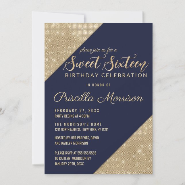 Gold and Navy Blue Faux Glitter Sequin Sweet 16 Invitation (Front)