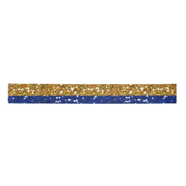 Gold and Navy Blue Glitter Stripes Printed Satin Ribbon (Front)