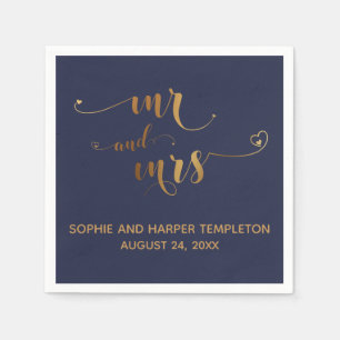 Gold and Navy Blue Mr and Mrs Calligraphy w Hearts Napkin
