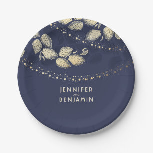 Gold and Navy Blue Nature Inspired Wedding Paper Plate