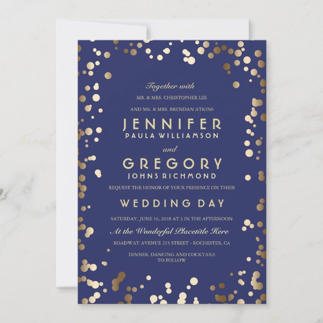 Gold and Navy Confetti Elegant Vintage Wedding Invitation (Front)