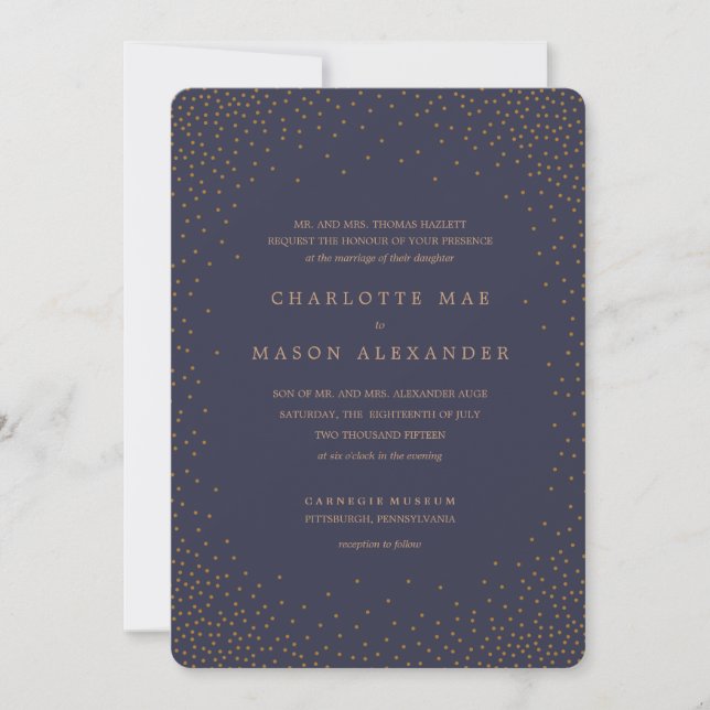 GOLD AND NAVY CONFETTI wedding invitation (Front)