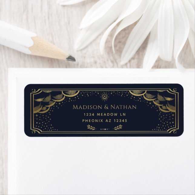 Gold and Navy Elegant Tarot Wedding Label (Insitu)