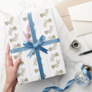 Gold and Navy Florals with Stripes Gift Wrapping Paper