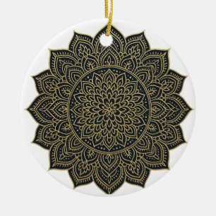 Gold and navy mandala ceramic ornament