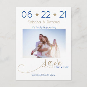 Gold and Navy One Photo Minimalist Save the Date Postcard