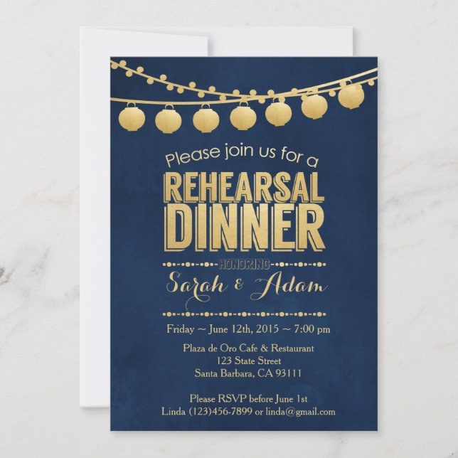Gold and Navy Rehearsal Dinner Invitation (Front)