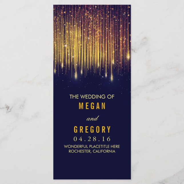 Gold and Navy String Lights Wedding Programs (Front)