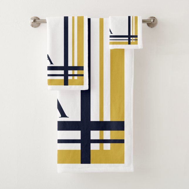 Gold and Navy Stripe Personalized Design  Bath Towel Set (Insitu)