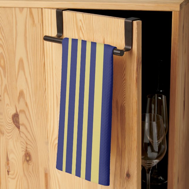 Gold and navy stripes patterned kitchen towel (Thirds Fold)