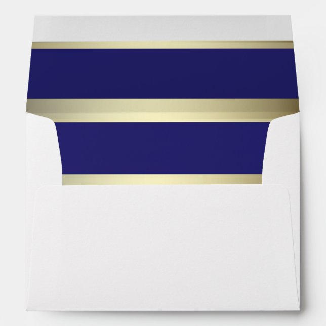 Gold and Navy Stripes White Wedding Envelope (Back (Bottom))