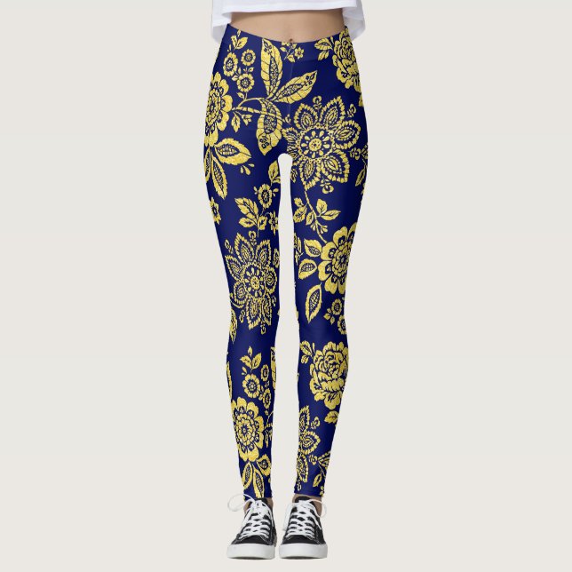 Gold and navy , Stylized Stencil Floral Leggings (Front)