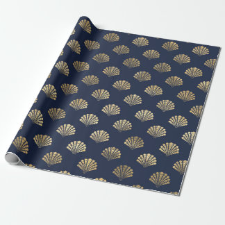 Gold and Navy Vintage Art Deco Flower Pattern Wrapping Paper