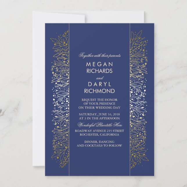 Gold and Navy Vintage Baby's Breath Wedding Invitation (Front)