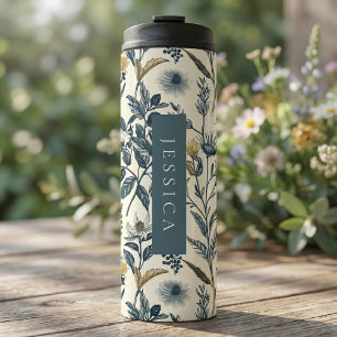 Gold and Navy Vintage Botanic Pattern Thermal Tumbler