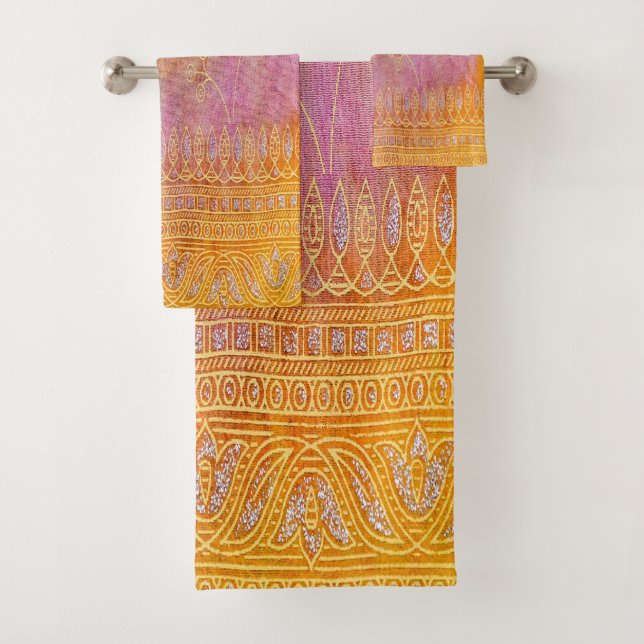 Gold and orange floral oriental material bath towel set (Insitu)