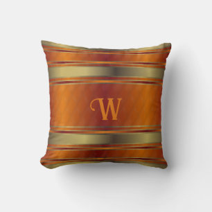 Gold And Orange Geometric Stripes Monogrammed Throw Pillow