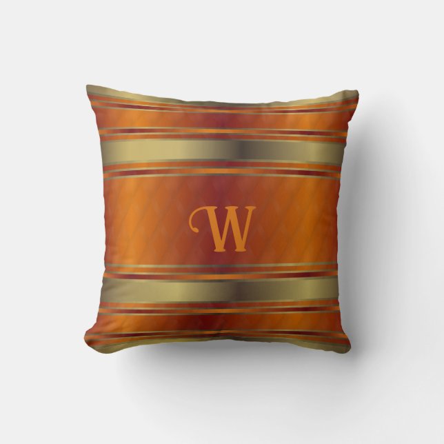 Gold And Orange Geometric Stripes Monogrammed Throw Pillow (Front)