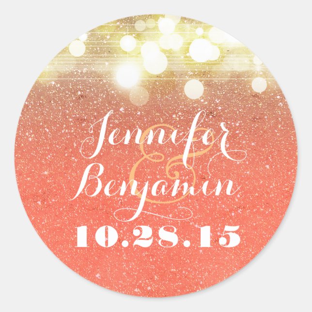 Gold and Peach Glitter String Lights Wedding Classic Round Sticker (Front)