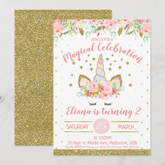 Gold and peach Unicorn Face Birthday Invitation (Front/Back)