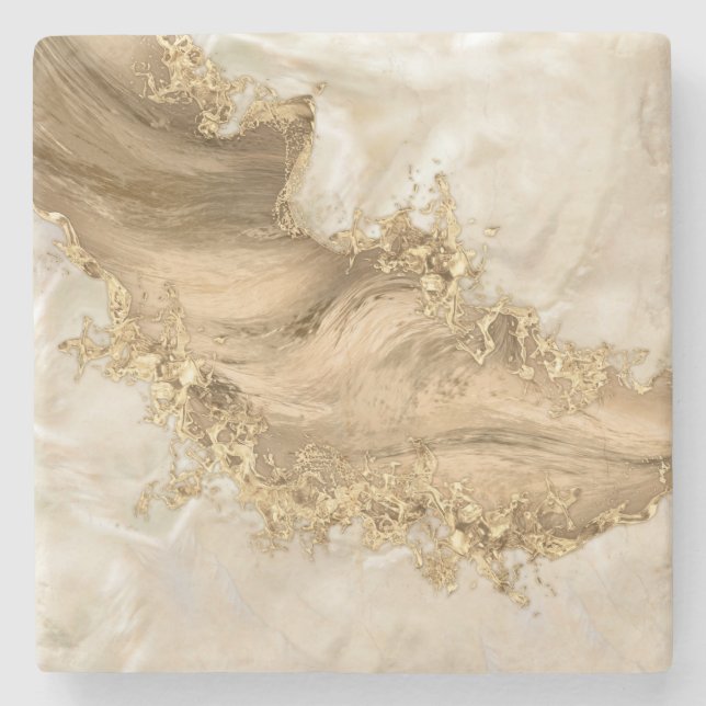 Gold and Pearl - Splatter and flow Stone Coaster (Front)