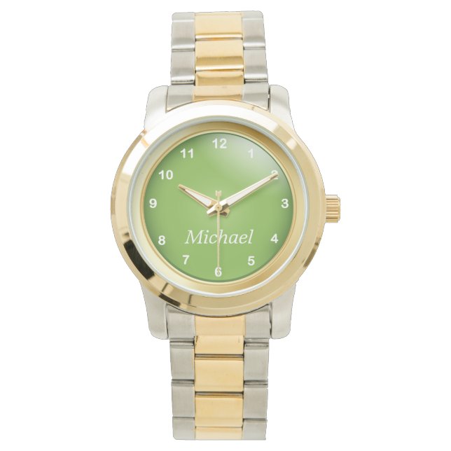 Gold and Peridot Green with White Numbers Watch (Front)