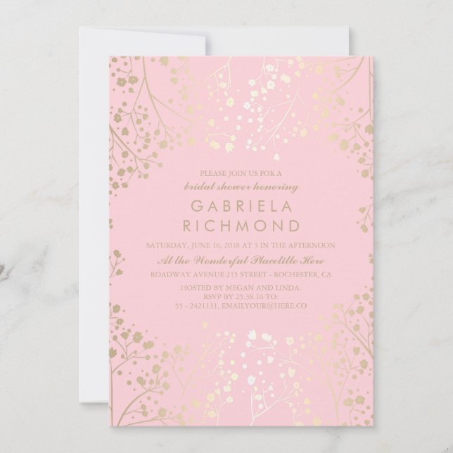 Gold and Pink Baby's Breath Bridal Shower Invitation (Front)