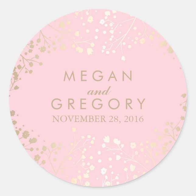 Gold and Pink Baby's Breath Wedding Classic Round Sticker (Front)