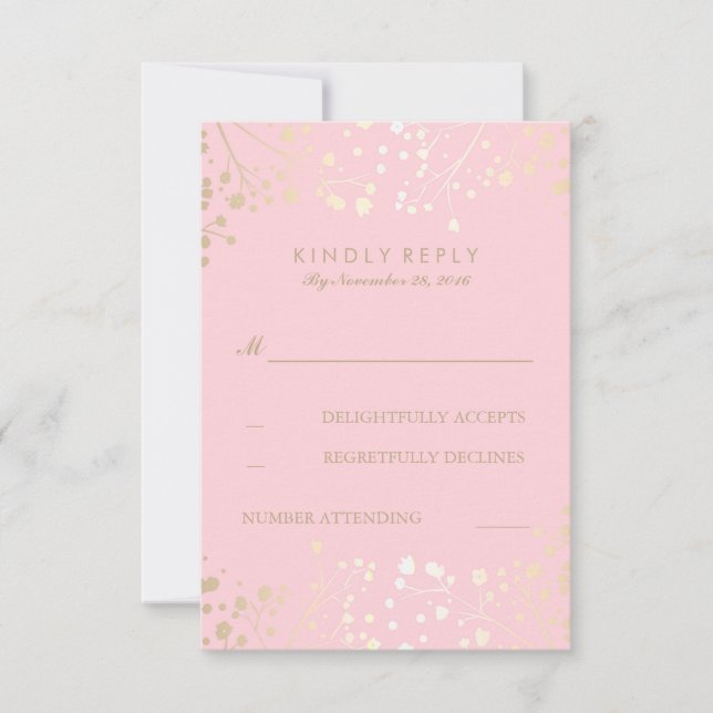 Gold and Pink Baby's Breath Wedding RSVP Cards (Front)