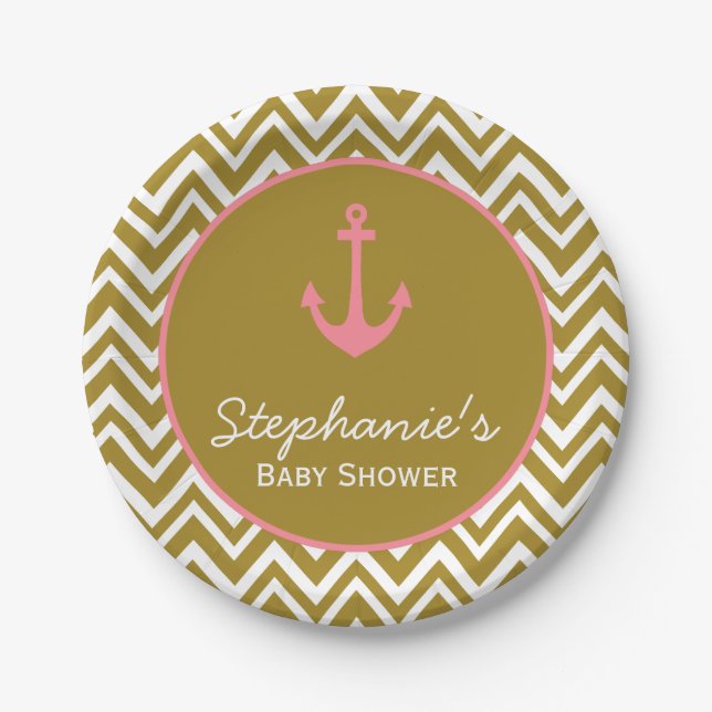 Gold and Pink Chevron Nautical Baby Shower Paper Plate (Front)
