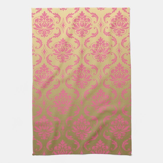 Gold and Pink Classic Damask Kitchen Towel (Vertical)