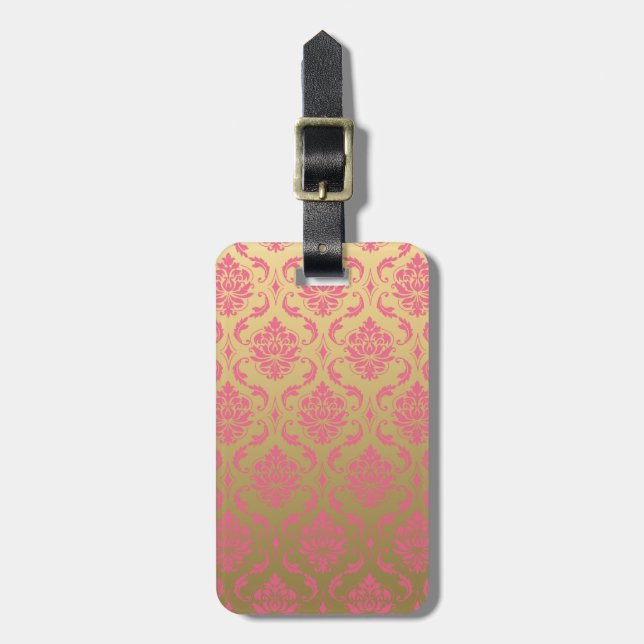 Gold and Pink Classic Damask Luggage Tag (Front Vertical)