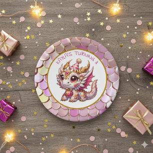 Gold and Pink Dragon Girl's Birthday Paper Plate