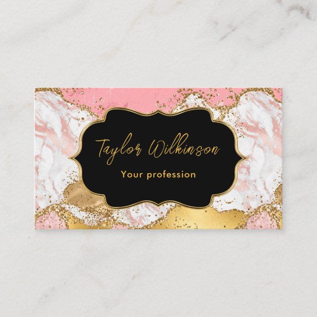 Gold and Pink Faux Glitter Sequins Agate Business Card (Front)