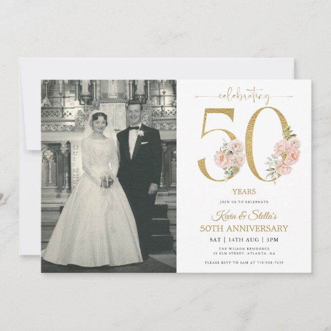 Gold and Pink Floral 50th Anniversary  Invitation (Front)