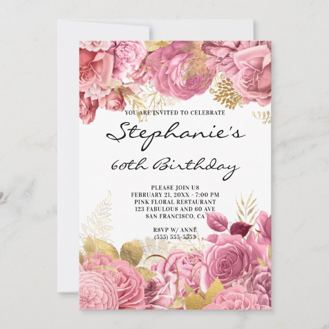 Gold and Pink Floral Borders 60th Birthday Invitation (Front)