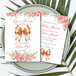 Gold and Pink Floral Bow Baby Shower Invitation
