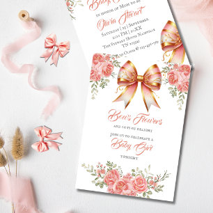 Gold and Pink Floral Bow Baby Shower Invitation