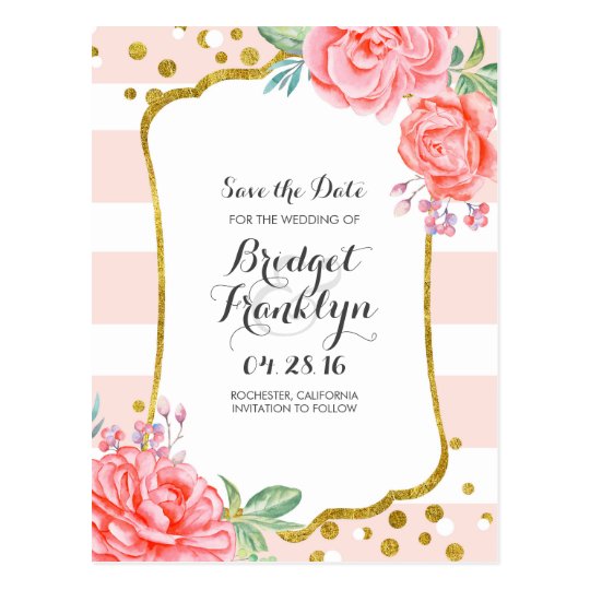 gold and pink floral confetti stripe save the date postcard