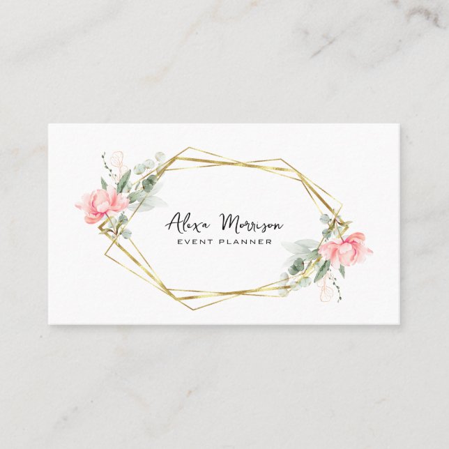 gold and pink floral event planner business card (Front)