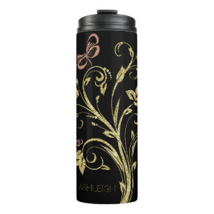 Gold and Pink Glitter Butterfly Personalized Thermal Tumbler