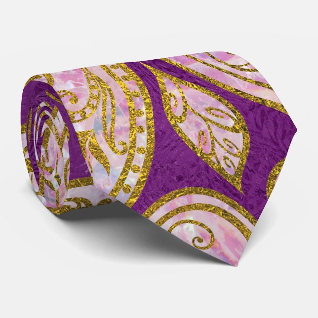 Gold and pink glitter Paisley pattern on purple Tie (Rolled)