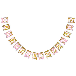 Gold and Pink Happy Birthday Bunting Flags, Custom Bunting Flags