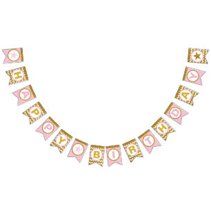 Gold and Pink Happy Birthday Bunting Flags, Custom Flags